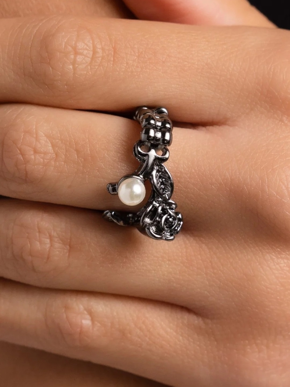 Black Metal Pearl And Rose Statement Ring